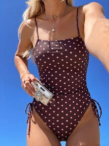 SHEIN Swim 女士休闲复古时尚沙滩度假户外夏季性感百搭波点/经典圆点随机印花系带露背修身连体泳衣，适合春假、返校季、假期、春季海滩度假 - 彩色 - 查看 6