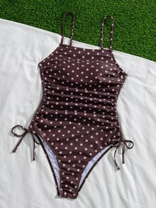 SHEIN Swim 女士休闲复古时尚沙滩度假户外夏季性感百搭波点/经典圆点随机印花系带露背修身连体泳衣，适合春假、返校季、假期、春季海滩度假 - 彩色 - 查看 9