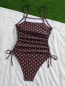 SHEIN Swim 女士休闲复古时尚沙滩度假户外夏季性感百搭波点/经典圆点随机印花系带露背修身连体泳衣，适合春假、返校季、假期、春季海滩度假 - 彩色 - 查看 8