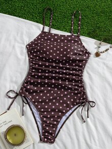 SHEIN Swim 女士休闲复古时尚沙滩度假户外夏季性感百搭波点/经典圆点随机印花系带露背修身连体泳衣，适合春假、返校季、假期、春季海滩度假 - 彩色 - 查看 10