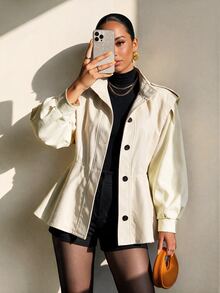 Xyvia Women's Elegant Elegant Button Belt Long Sleeve Jacket - Apricot - View 6