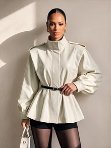 Xyvia Women's Elegant Elegant Button Belt Long Sleeve Jacket - Apricot - View 5