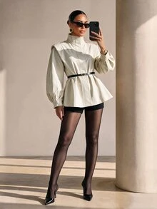 Xyvia Women's Elegant Elegant Button Belt Long Sleeve Jacket - Apricot - View 3