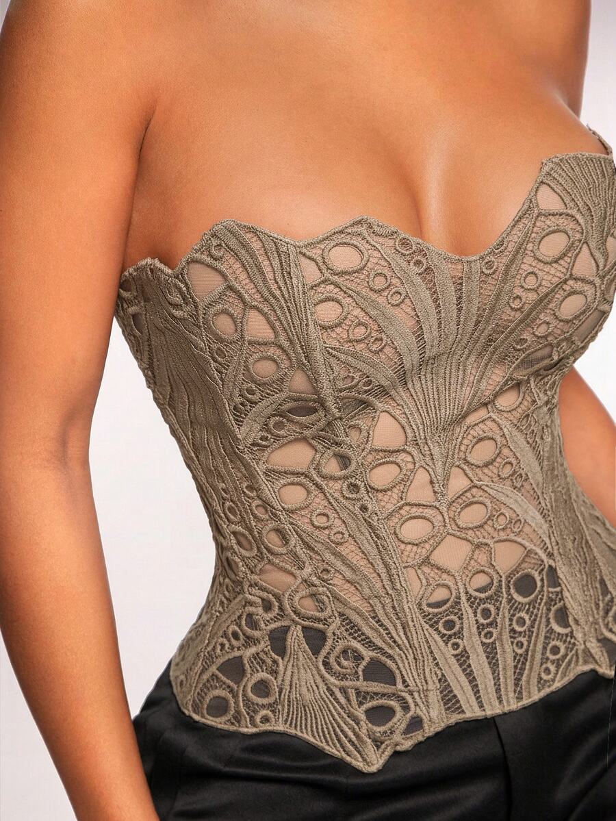 Radiana Atasan Bandeau Seksi Bodycon Renda Modis untuk Wanita - Coklat - View 1