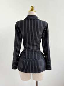 Elamini Women's Elegant Striped Long Sleeve Shirt And Low Waist Striped Skirt 2-Piece Set, Versatile For Daily, Commute, Party, Autumn/Winter - Multicolor - View 2