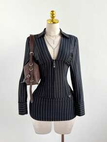 Elamini Women's Elegant Striped Long Sleeve Shirt And Low Waist Striped Skirt 2-Piece Set, Versatile For Daily, Commute, Party, Autumn/Winter - Multicolor - View 5