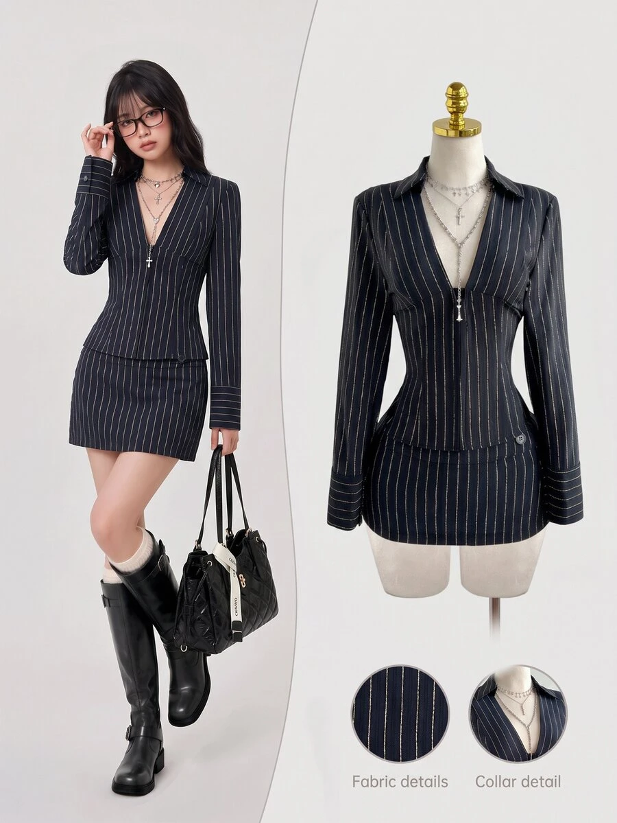 Elamini Women's Elegant Striped Long Sleeve Shirt And Low Waist Striped Skirt 2-Piece Set, Versatile For Daily, Commute, Party, Autumn/Winter - Multicolor - View 1