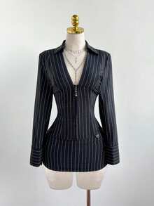 Elamini Women's Elegant Striped Long Sleeve Shirt And Low Waist Striped Skirt 2-Piece Set, Versatile For Daily, Commute, Party, Autumn/Winter - Multicolor - View 3