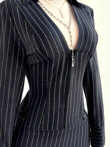Elamini Women's Elegant Striped Long Sleeve Shirt And Low Waist Striped Skirt 2-Piece Set, Versatile For Daily, Commute, Party, Autumn/Winter - Multicolor - View 8