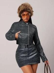 Radiana Women's Retro Short Zip-Up Jacket, Brown Motorcycle PU Leather Coat, New Autumn/Winter Style,Spring To Summer, - Black - View 5