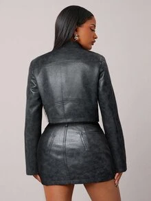 Radiana Women's Retro Short Zip-Up Jacket, Brown Motorcycle PU Leather Coat, New Autumn/Winter Style,Spring To Summer, - Black - View 2