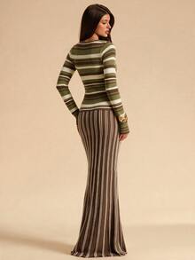 SHEIN BAE Women's Fashion Contrast Color Striped Extra Long Knit Dress - Multicolor - View 2