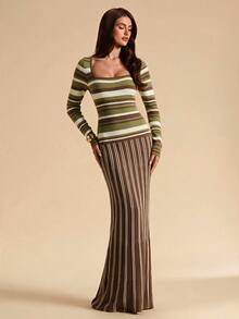 SHEIN BAE Women's Fashion Contrast Color Striped Extra Long Knit Dress - Multicolor - View 5