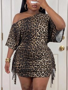 Slaydiva New Autumn Plus Size Women's Casual Sexy Asymmetrical Neck Tie Side Tassel Ruched Bodycon Mini Dress Y2k Holiday Rave Streetwear Clubbing Brown - Multicolor - View 8