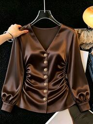 SHEIN Franclia Women's French Elegant Romantic Long Sleeve V-Neck Button-Down Blouse With Ruched Waist, Premium Satin Fabric, Elegant Blouse, Elegant Outfit, Summer Vacation Outfit, Casual Blouse, Casual Outfit, White Blouse, Black Blouse, Spring Blouse, Spring Outfit, New Women's Blouse