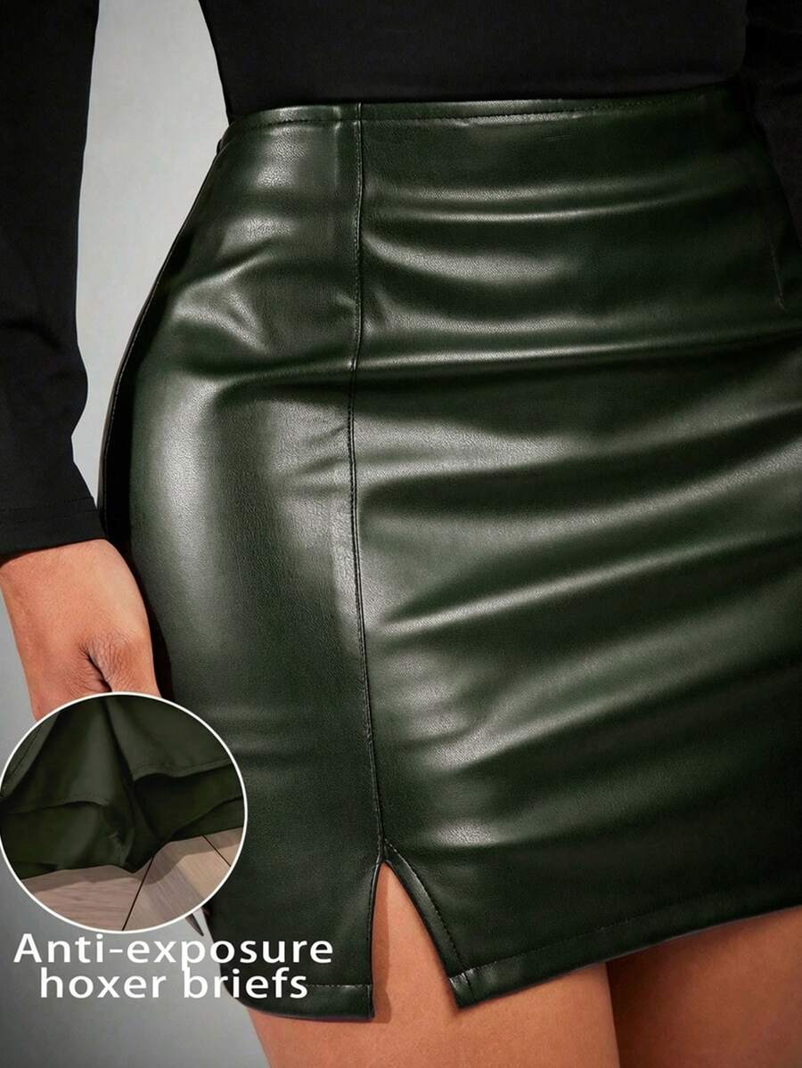 Radiana Women's PU Leather Slit Design Fashionable Versatile Vacation Party Bodycon Mini Skirt - Green - View 1