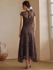 Anewsta Women's Elegant Lace Patchwork Dress - Brown - View 8