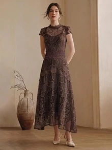 Anewsta Women's Elegant Lace Patchwork Dress - Brown - View 3