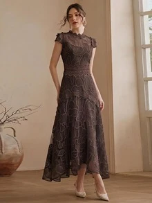 Anewsta Women's Elegant Lace Patchwork Dress - Brown - View 4
