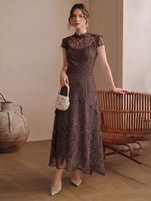 Anewsta Women's Elegant Lace Patchwork Dress - Brown - View 5