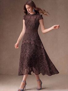 Anewsta Women's Elegant Lace Patchwork Dress - Brown - View 1