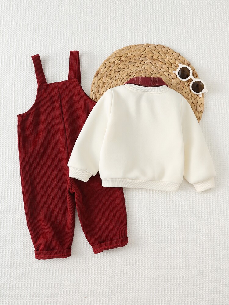 SHEIN 2pcs/Set Thick Apricot Sweatshirt With Plaid Collar And Bear Pattern, Knitted Top And Red Corduroy Overall Jumpsuit Set, Comfortable Versatile Fashionable Casual Cute Minimalist, Suitable For Indoor Daily Activities, Outdoor Skiing, Outdoor Sports, Playing, Party, Photography, Holiday New Year Halloween Christmas - Multicolor - View 2