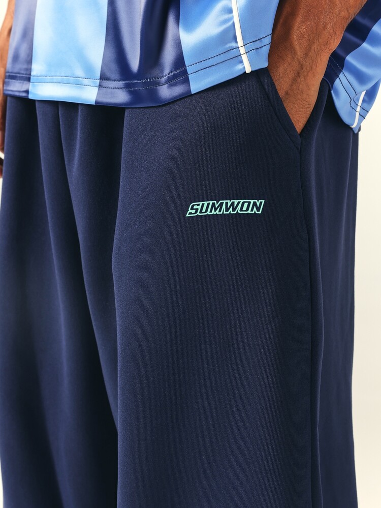 SUMWON Wide Leg Track Pants With Elasticated Waist Side Pockets And Logo Detail For Casual Everyday Streetwear - Royal Blue - View 4