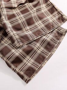 SHEIN 青少年女孩彈性腰格紋大口袋寬腿長褲 - 棕色 - 查看 10