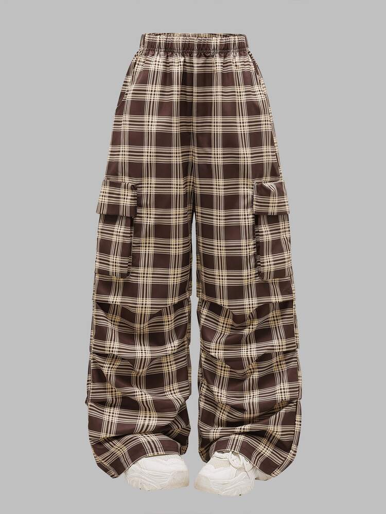 SHEIN Tween Girl Elastic Waist Plaid Cargo Pocket Wide Leg Pants - Brown - View 7