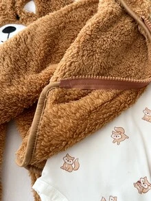 SHEIN Vintaside Kids 3件組新生兒男嬰外套褲子連身衣 可愛棕色 3D耳朵 絨毛貼布印花 長袖連帽 加厚戶外冬季秋季拉鍊款 - 橘色 - 查看 10