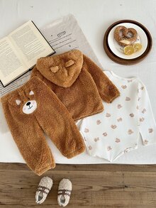 SHEIN Vintaside Kids 3件組新生兒男嬰外套褲子連身衣 可愛棕色 3D耳朵 絨毛貼布印花 長袖連帽 加厚戶外冬季秋季拉鍊款 - 橘色 - 查看 2