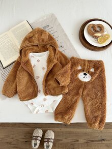 SHEIN Vintaside Kids 3件組新生兒男嬰外套褲子連身衣 可愛棕色 3D耳朵 絨毛貼布印花 長袖連帽 加厚戶外冬季秋季拉鍊款 - 橘色 - 查看 6
