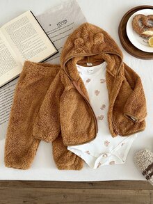 SHEIN Vintaside Kids 3件組新生兒男嬰外套褲子連身衣 可愛棕色 3D耳朵 絨毛貼布印花 長袖連帽 加厚戶外冬季秋季拉鍊款 - 橘色 - 查看 5
