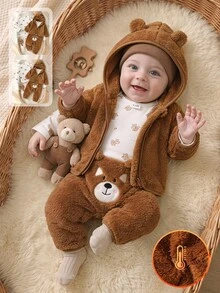SHEIN Vintaside Kids 3件組新生兒男嬰外套褲子連身衣 可愛棕色 3D耳朵 絨毛貼布印花 長袖連帽 加厚戶外冬季秋季拉鍊款 - 橘色 - 查看 3