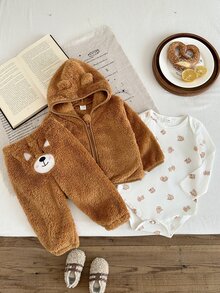 SHEIN Vintaside Kids 3件組新生兒男嬰外套褲子連身衣 可愛棕色 3D耳朵 絨毛貼布印花 長袖連帽 加厚戶外冬季秋季拉鍊款 - 橘色 - 查看 4