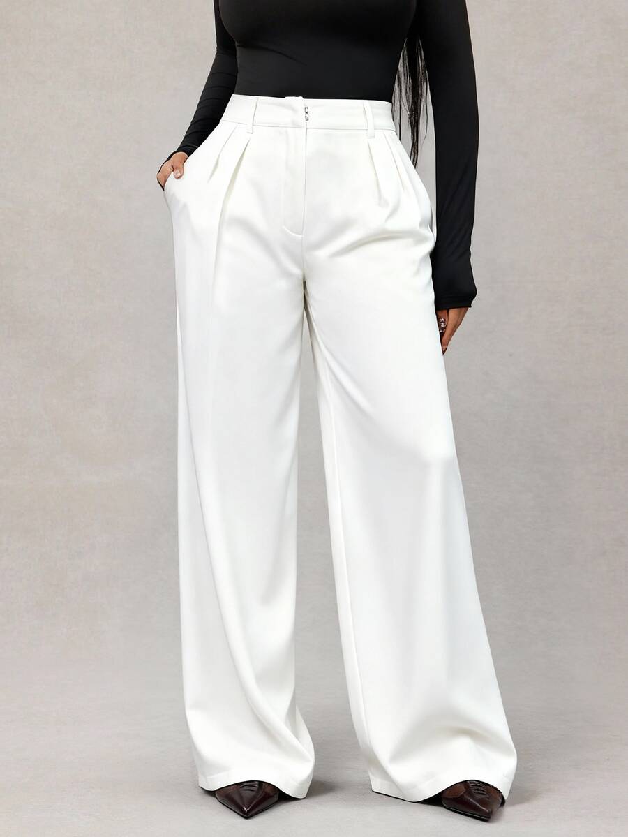 Radiana Women's Minimalist Elegant Business Casual White Wide-Leg Pants, Suitable For Commuting, High-Waisted Suit Autumn Winter Spring To Summer Office - White - View 1