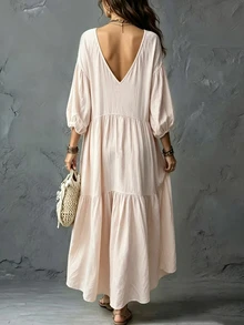 Glimmora Women's Solid Color Long Casual Vacation Dress - Apricot - View 2