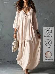 Glimmora Women's Solid Color Long Casual Vacation Dress - Apricot - View 1