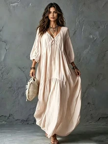 Glimmora Women's Solid Color Long Casual Vacation Dress - Apricot - View 3