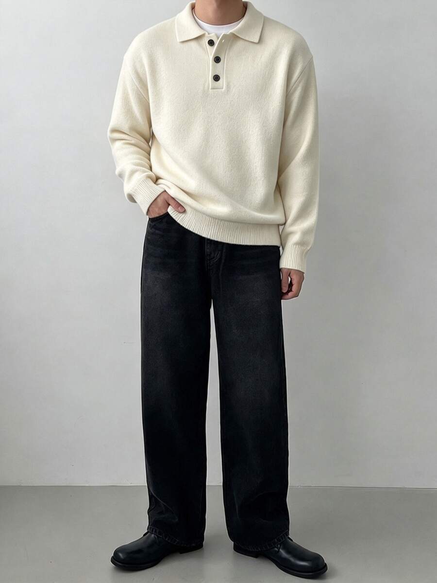 DAZY Autumn/Winter Beige Polo Collar Long Sleeve Sweater For Men - Beige - View 1