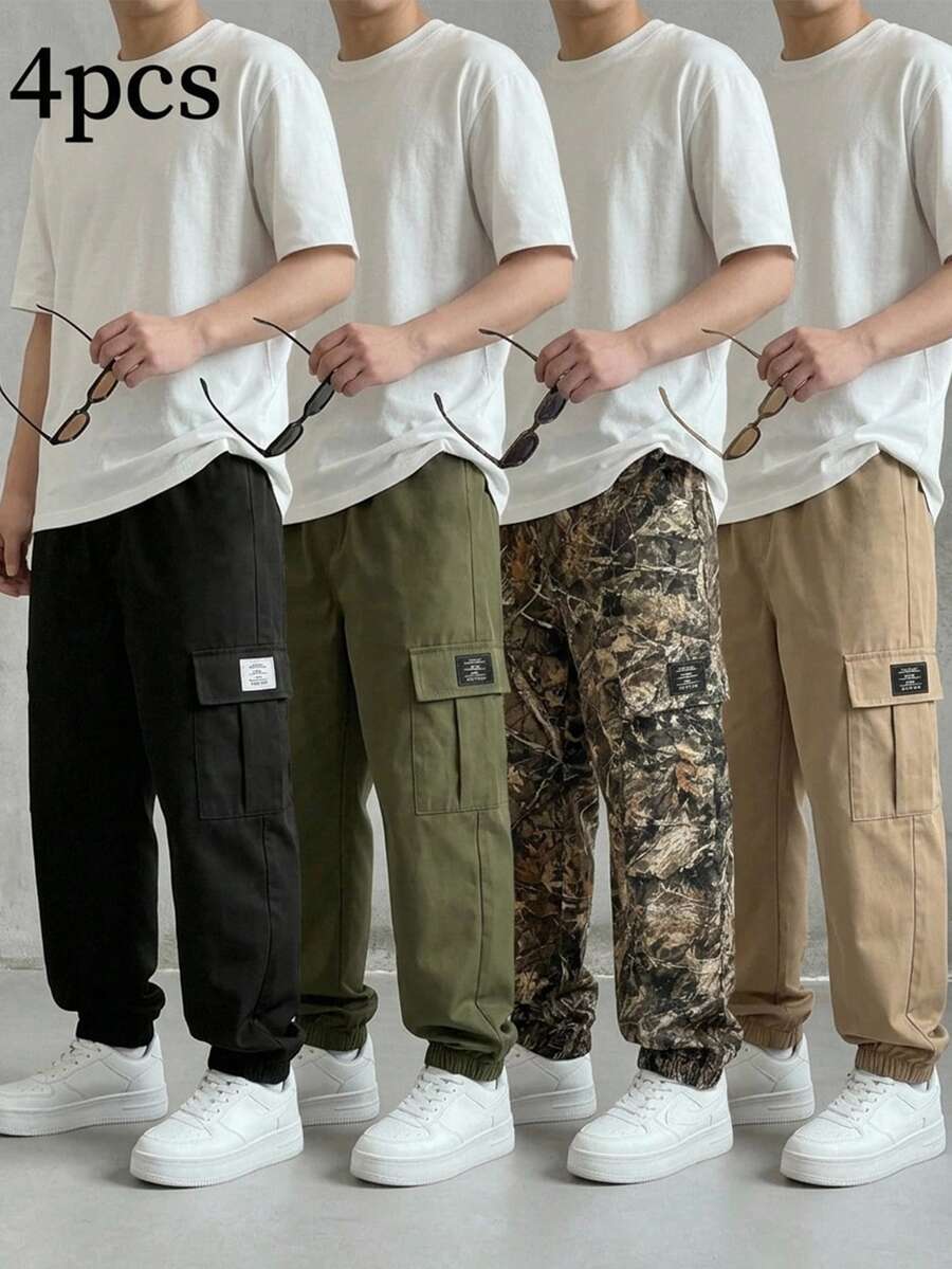 SHEIN 3件組男孩休閒運動學院風街頭可愛度假風黑色裝飾標籤寬鬆運動長褲,包含綠色、黑色與卡其色,適合日常穿著、上學、旅行、運動,四季皆宜 - 彩色 - 查看 1