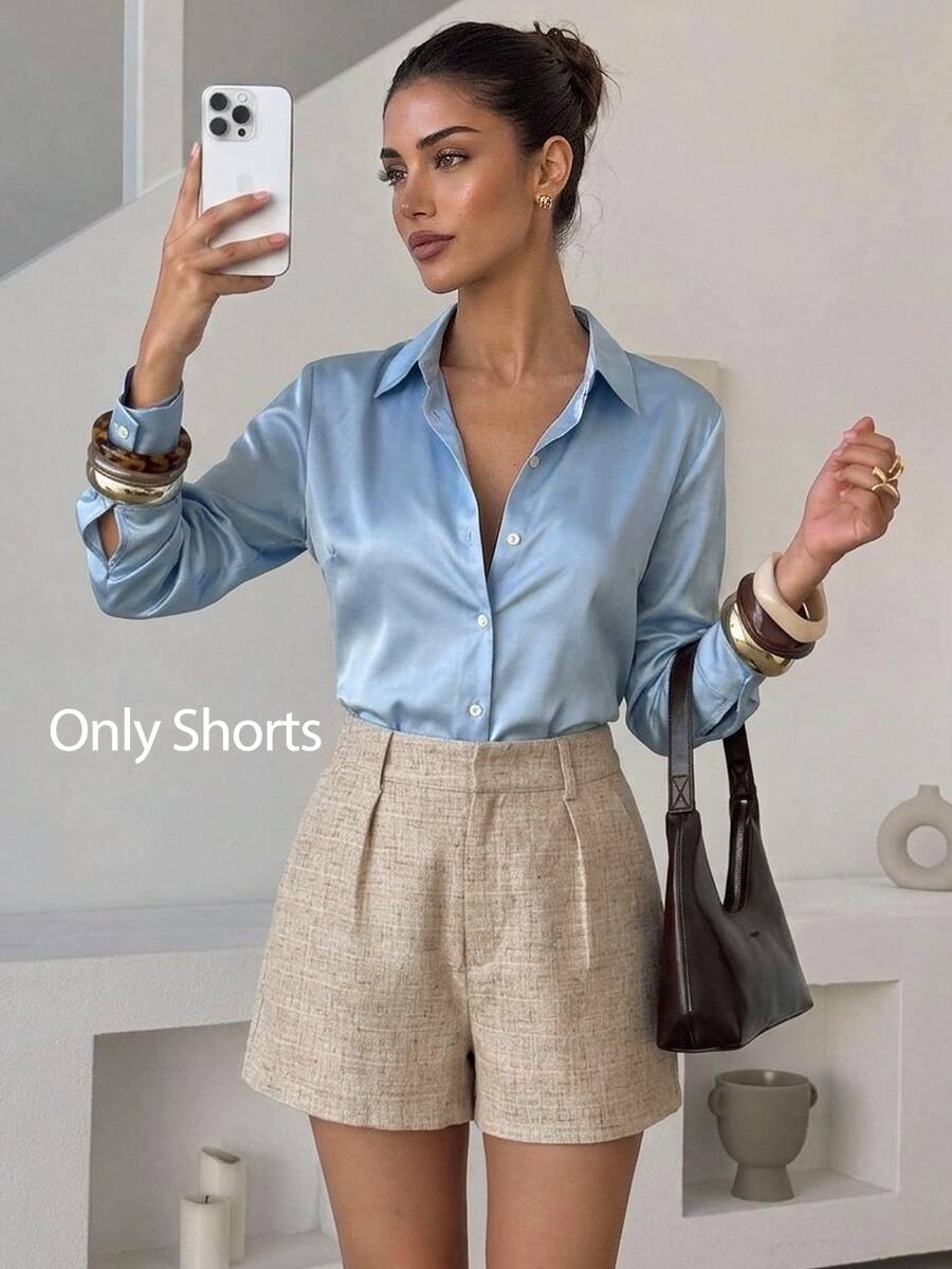Lavishia Women's Solid Color Shorts With Diagonal Pockets, Belt Not Included Linen Shorts Beige,Summer Vacation Casual