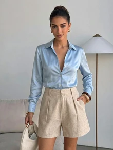 Lavishia Women's Solid Color Shorts With Diagonal Pockets, Belt Not Included Linen Shorts Beige,Summer Vacation Casual - Apricot - View 3