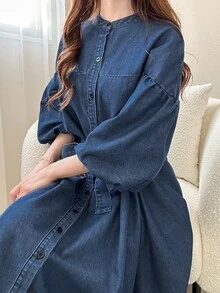 FRIFUL 女款休閒牛仔洋裝，鈕扣設計與燈籠袖，夏季女裝 - 藍色 - 查看 2