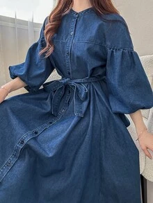 FRIFUL 女款休閒牛仔洋裝，鈕扣設計與燈籠袖，夏季女裝 - 藍色 - 查看 7