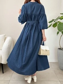 FRIFUL 女款休閒牛仔洋裝，鈕扣設計與燈籠袖，夏季女裝 - 藍色 - 查看 3