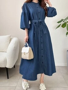 FRIFUL 女款休閒牛仔洋裝，鈕扣設計與燈籠袖，夏季女裝 - 藍色 - 查看 5