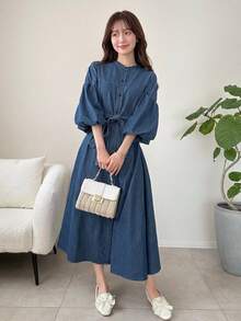 FRIFUL 女款休閒牛仔洋裝，鈕扣設計與燈籠袖，夏季女裝 - 藍色 - 查看 6