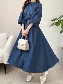 FRIFUL 女款休閒牛仔洋裝，鈕扣設計與燈籠袖，夏季女裝 - 藍色 - 查看 4