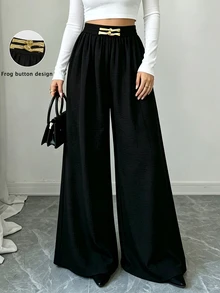 Elenzga French Style Draped Wide Leg Pants Slimming Textured Elegant Commute Casual Women Long Trousers - Black - View 2